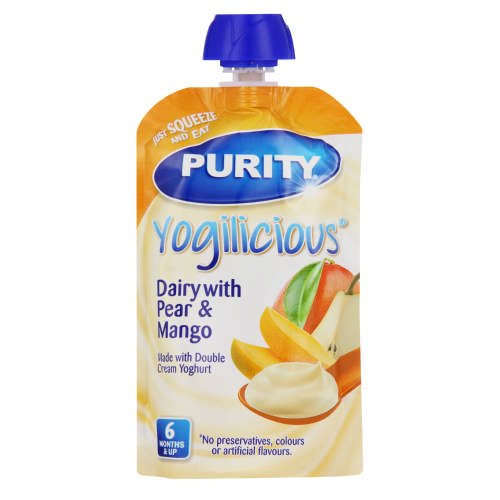 Purity pouch 110ml dairy with pear & mango